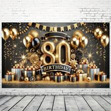 1 件优雅的 80 岁生日派对涤纶横幅，金色和黑色主题，配有气球、星星和香槟色图案，适合照片背景、户外庆祝、家居和花园装饰 - 1件 - 查看 4