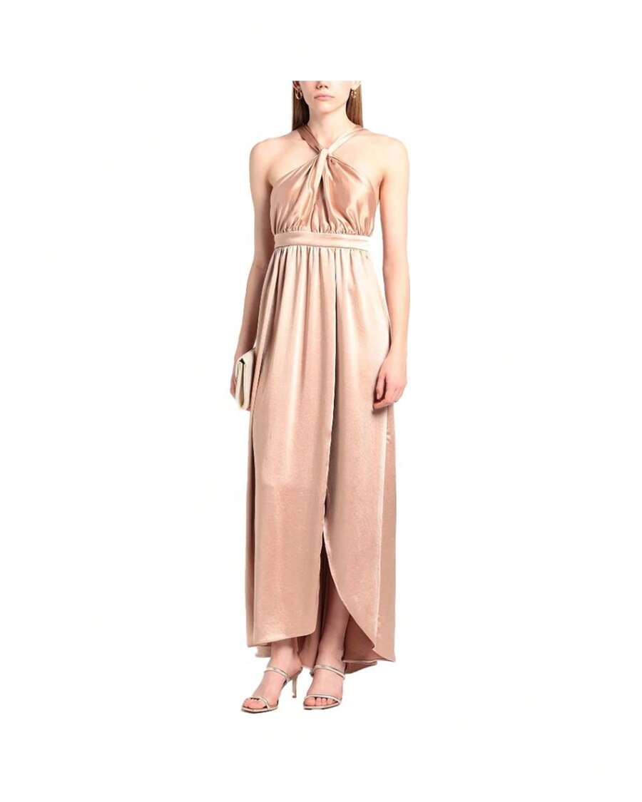 Halter Neck Maxi Dress Satin Evening Gown Women Pink Dresses - 粉色 - 查看 1