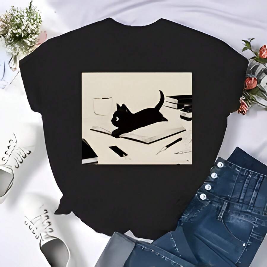 New Women Fashion Print T Shirt Casual Round Neck Tops Loose Haruku Short Sves Korean Style Black Clothes (16)