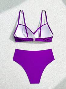 性感欧式交叉细肩带上衣和褶饰高腰三角裤比基尼套装女式夏季 - 紫色 - 查看 6