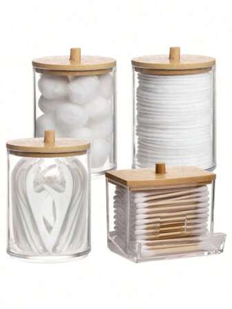 4 Packs Qtip Holder Cosmetic Containers, 10/7 Ounce Makeup Round Pad Swab Dispenser, Medicine Bottles With Bamboo Lids For Organization And Storage