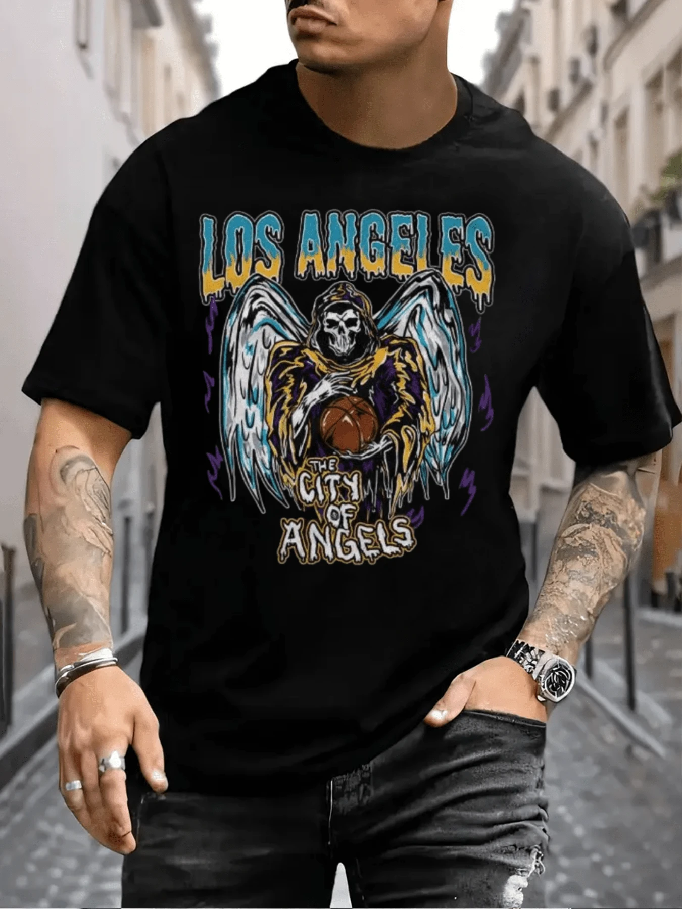 Camiseta con estampado gráfico de esqueleto de baloncesto vintage para hombre (una pieza) Camiseta de algodón 100 % de 220 g de algodón pesado - Negro - Ver 1