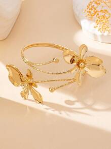 时尚优雅的热带金属金花缠绕螺旋开口袖口手链，适合女性日常、聚会、度假；可单独佩戴或与耳环、戒指搭配佩戴 - 金黃色 - 查看 16