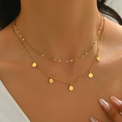 LIEBEIRIS 1 Stück 18 Karat vergoldete minimalistische doppelschichtige geometrische Kreis-Anhänger Halskette aus Edelstahl, geeignet für den täglichen Gebrauch von Frauen und als Geschenk