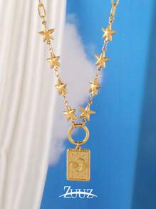 1 Stück modische Edelstahl quadratische Stern Mond Charm-Halskette für Frauen, geometrische Kette Halskette für Frauen Schmuck, bestes Freundinnen Geschenk
