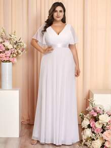 大碼蝴蝶袖百褶雪紡伴娘連衣裙