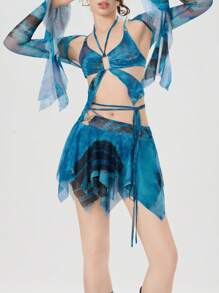 Women Y2k Butterfly Outfit 3 Piece Backless Long Sleeve Crop Top Mini Skirt Sets Rave Festival Fairy Streetwear Fairycore Beach Club - 藍色 - 查看 3
