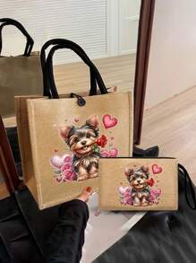 Bolso de mano con bolsa de maquillaje con estampado de perro de dibujos animados, bolso elegante y espacioso con estampado de Yorkshire Terrier, bolso grande con estampado lindo de cachorro - Bolsa reutilizable para la compra, con correa de hombro, perfecto para compras y regalos, bolso de playa de gran capacidad para mujeres