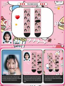 Sanrio Face Socks Customized Face Print Mid-Calf Socks For Women, Personalized Socks With Any Face Photo, Fun Customized Graphic Paired With Mid-Calf Socks, Suitable For Valentine's Day, Birthday, Gift-Giving, Personalized, Interesting, Colorful, Creative Cartoon Design - Multicolor - View 3