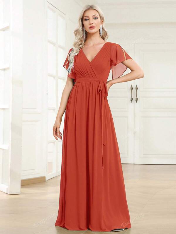 EVERPRETTY Vestido de dama de honor maxi de gasa naranja quemada con cuello cruzado y mangas de mariposa, vestido elegante para invitada de boda