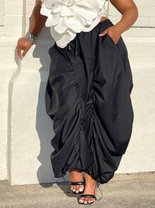 Plus Size Women Pocket Elastic Waist Drawstring Pants Ladies Ruffle Frill Wide Leg Cargo Combat Hippied Trousers Workwear Bottoms - Black - View 4