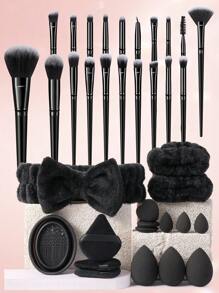 36pcs Makeup Sponge & Brush Set, Including Powder Brush, Blush Brush, Contour Brush, Foundation Brush, Nose Brush, Eyeshadow Brush, Eyebrow Brush, Lip Brush, Detail Brush, Makeup Sponge Suitable For Liquid Makeup, Triangle Powder Puff, Makeup Brush Cleaning Bowl, Makeup Sponge Makeup Tool Set, Wrist Strap, Makeup Headband - Black - View 1