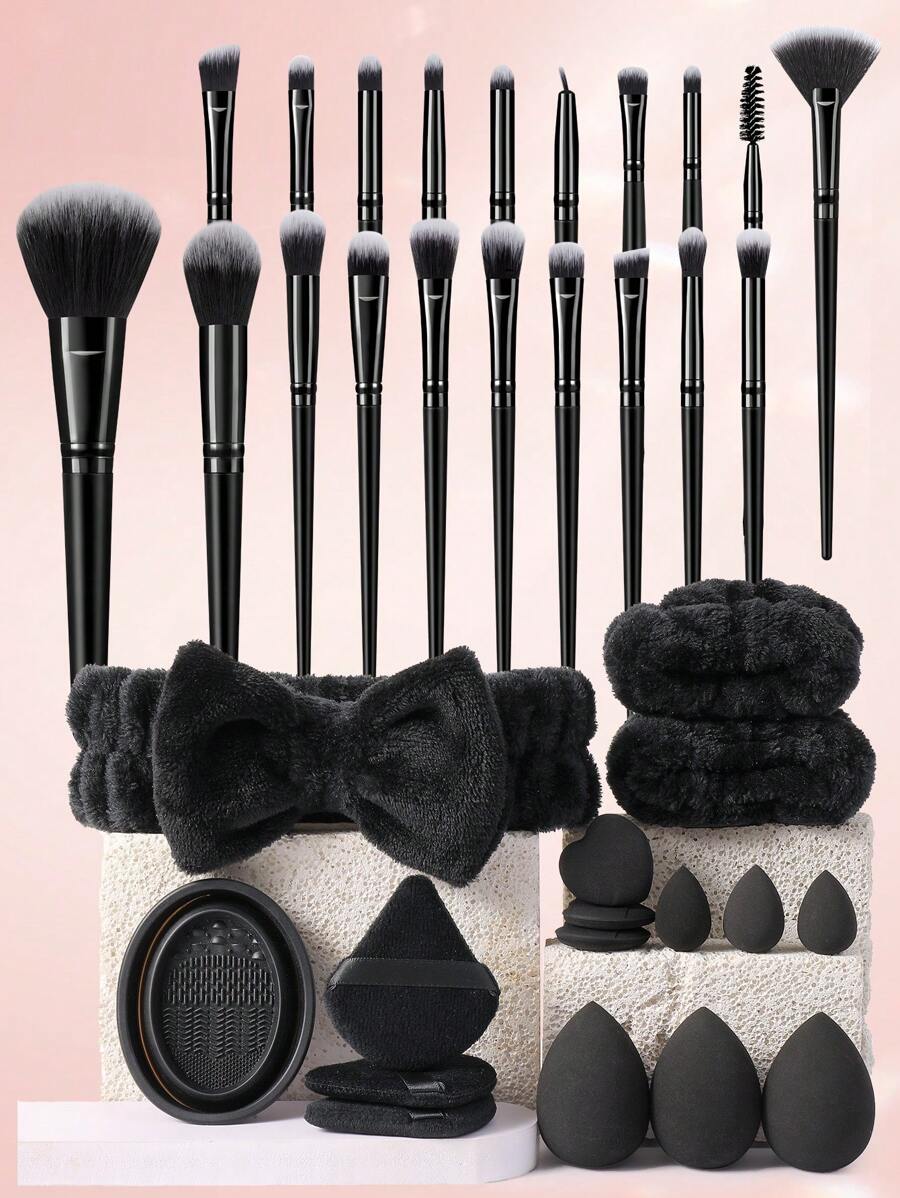 36pcs Makeup Sponge & Brush Set, Including Powder Brush, Blush Brush, Contour Brush, Foundation Brush, Nose Brush, Eyeshadow Brush, Eyebrow Brush, Lip Brush, Detail Brush, Makeup Sponge Suitable For Liquid Makeup, Triangle Powder Puff, Makeup Brush Cleaning Bowl, Makeup Sponge Makeup Tool Set, Wrist Strap, Makeup Headband - Black - View 1