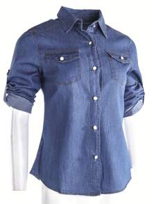 Denim Shirt Women Chambray Jean Western Shirts Long Sleeve Button Down Tops - 水鴨藍 - 查看 3