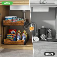 Organizador de gabinete extraíble de 2 niveles de 16" An. x 21" Pr., cajones deslizantes ajustables en altura para gabinetes de cocina con mango de madera, estantes extraíbles de gabinete resistentes para despensa, debajo del fregadero - Óxido marrón - Ver 4