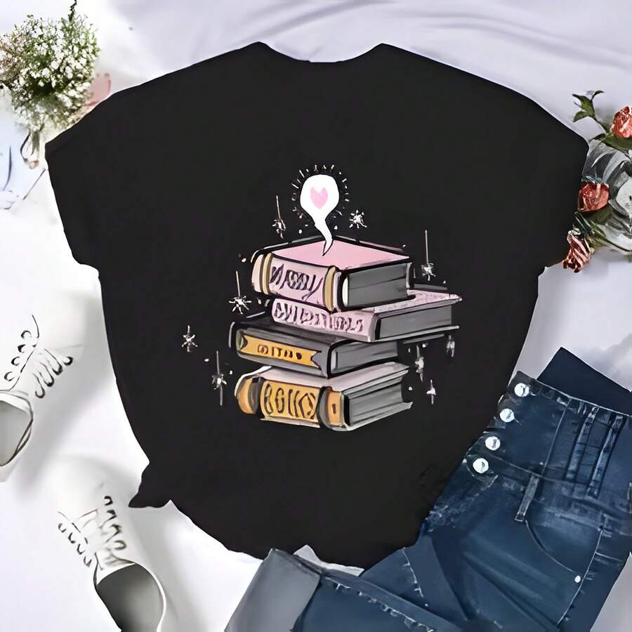New Women Fashion Print T Shirt Casual Round Neck Tops Loose Haruku Short Sves Korean Style Black Clothes (15)