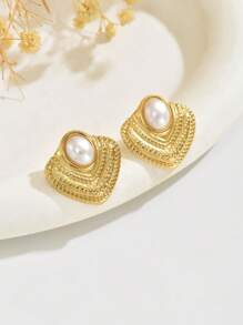 VceTd 1 Pair Elegant Oval Faux Pearl Asymmetrical Geometric Arc Textured Earrings, Low Allergy Jewelry With High-End Vibe, Suitable For Parties And Daily Wear - Yellow Gold - View 6