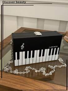 1 pièce Nouveau sac bandoulière mini stylé à imprimé piano, thème musical de fête. Sac à épaule carré avec motif de clavier de piano. Boucle et bandoulière en métal. Convient pour les fêtes musicales et en cadeau pour femmes. Boîte rigide peut ranger un téléphone