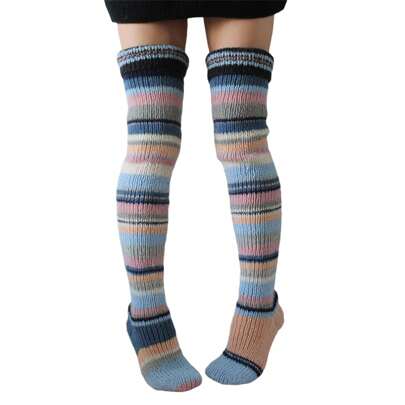 Ladies Knitted Stockings, Adults Women Autumn Winter Leisure Style Mixed Color Stripes Knee-High Socks Long Stockings