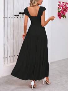 Women's Summer Flowy Long Dress Casual Covered Sleeve V-Neck Pleated Beach Sundress - 黑色 - 查看 2