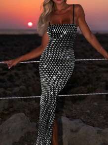 Shiny Rhinestone Embellished Spaghetti Strap Dress, Fashionable Celebrity Party Evening Gown, Wedding Guest Dress, Formal Dress - Black - View 3