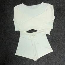 Women 2 Piece Knitted Outfits Set Stripe Printed Off Shoulder Long Sleeve Crop Top Sweater Drawstring Shorts Lounge Sets Beachwear Cover Ups - 白色 - 查看 9