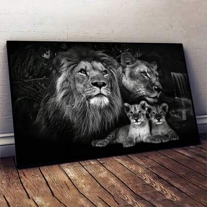 1pc Artistic Lion Family Canvas Posters, Optional Frame Modern Classic Wall Art, Animal Theme Ink Poster For Home Office Decor, Living Room Decor, Bedroom Decor, Bathroom Decor, Classroom Decor, Indoor & Outdoor Use, Horizontal Orientation, 19.7x27.6 Inch, Wall Art With Frame