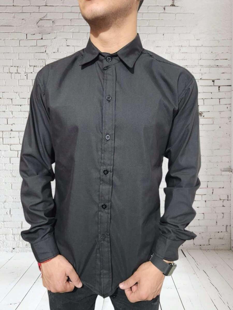 camisa de manga larga lisa ideal para eventos casuales y formales - Negro - Ver 1