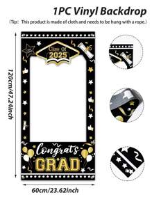 1 pieza Marco de fotos de vinilo de temporada de graduación, fondo negro y dorado para fiesta de graduación, decoración de fondo, decoraciones de graduación 2025, pancarta de marco de fotos, marco decorativo para fiesta de baile de graduación y celebración, accesorios para photobooth - temporada de graduacion - Ver 17