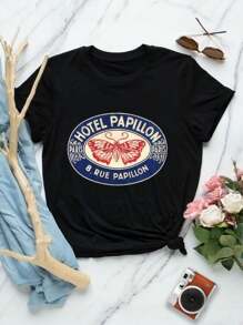 Lovers T-Shirts Paris Papillon Hotel Butterfly Art Vintage T-Shirt (Red White Blue Oval Design) - Black - View 1