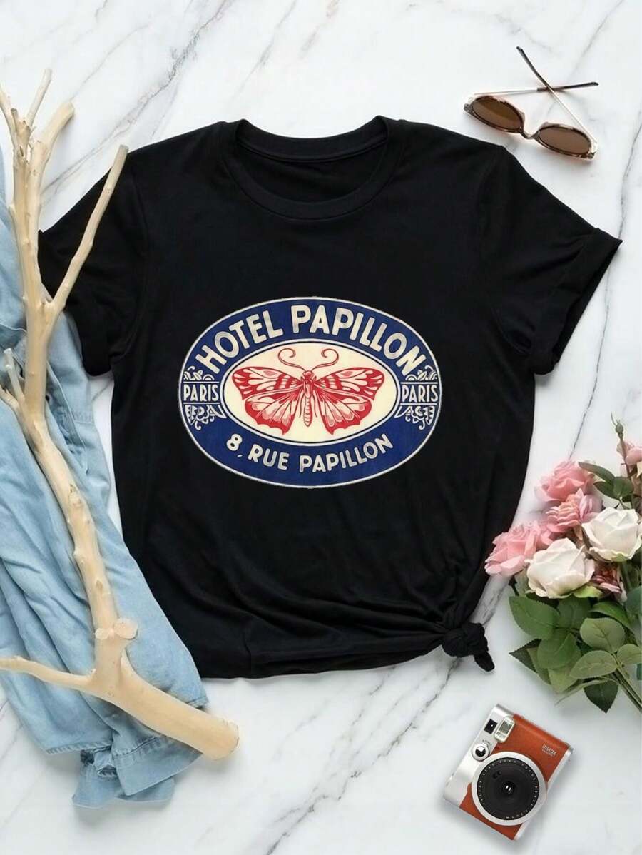 Lovers T-Shirts Paris Papillon Hotel Butterfly Art Vintage T-Shirt (Red White Blue Oval Design) - Black - View 1