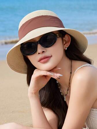 1 件女士草帽，春夏新款英文文字和撞色蝴蝶结设计，轻质透气弹性时尚休闲百搭太阳帽，适合户外、旅行、海滩，适合日常使用