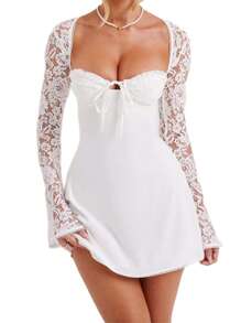 Women Long Sleeve Mini Dress Casual Lace Patchwork Tie Up Backless A-Line Party Dress For Cocktail Streetwear - trắng - Xem 1