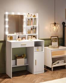Hzuaneri Dressing Table With Mirror And 10 LED Lights, Makeup Vanity With 3 Shelves & 4 Open Compartments, Large Drawer & Cabinet, Adjustable Lighting Brightness