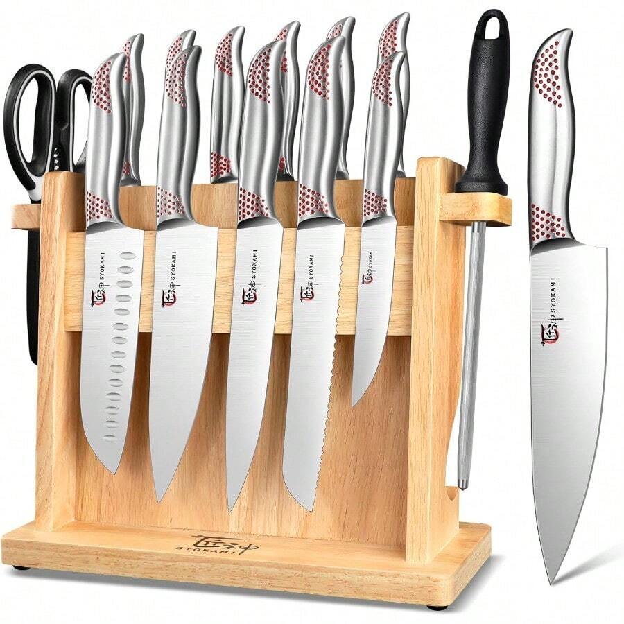 Kitchen Knife Set, Japanese Style Knife Set With Magnetic Block Holder, High Carbon Stainless Steel Sharp Knives Set For Kitchen, Ergonomic Handle And Sharpener, 14 PCS Black Dot