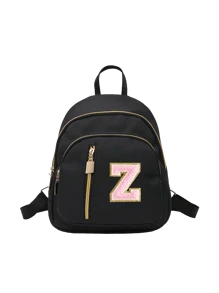 女士尼龙材质时尚背包，粉色毛巾刺绣字母A-Z，多功能时尚设计包，拉链封口，大容量学生多口袋背包，女孩背包，小女孩背包，中小学生背包，适合上学、旅行、送礼、生日礼物、旅行用品 - 黑色 - 查看 13