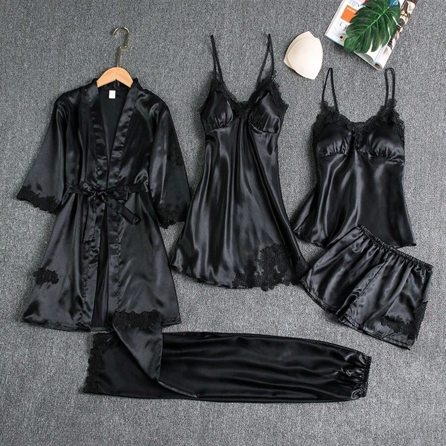 Conjunto de 5 piezas de seda helada para dormir - Negro - Ver 1
