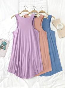 Set básico casual de 3 piezas para tallas grandes, camiseta sin mangas y bata de noche de unicolor de cuello redondo para primavera/verano, para vacaciones
