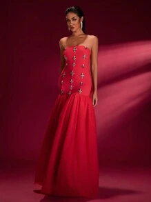 Vestido largo con vuelo de tul y diamantes, sin tirantes - Vestido de fiesta, de invitada de boda, de gala, de noche - Rojo - Ver 2