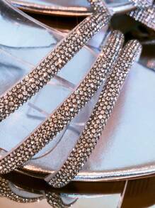 Women's Sandal With 3 Rhinestone Straps, Mid-Heel, Cup Style - Silver Metallic - View 9