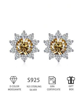 1pair Round Cut Champagne Color Sunflower Shaped Earrings Moissanite Diamond With S925 Silver Fine Jewelry For Women Daily Wear Or Wedding, Engagement, Anniversary Or Valentine's Day The Best Gifts