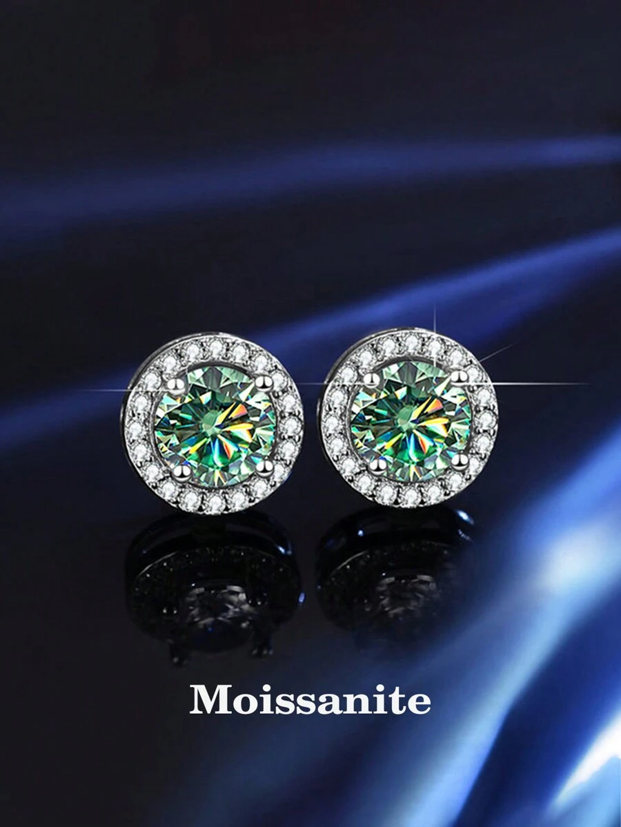 BLOVEMEE 2pcs Sweet & 925 Silver 1ct Moissanite Stud Earrings, Suitable For Commuting, Party, Vacation, Birthday, Valentine's Day, Mother's Day, Wedding Anniversary, Christmas, Jewelry Gift For Her