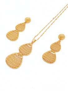 镀金婚礼首饰套装女士非洲/新娘派对礼物项链吊坠耳环珠宝首饰套装 - 金色 - 查看 7