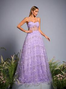 Mgiacy New Arrival Tank Sweet Bridesmaid Dress Embroidery Ruched Perspective Mesh Long Dress - Purple - View 2