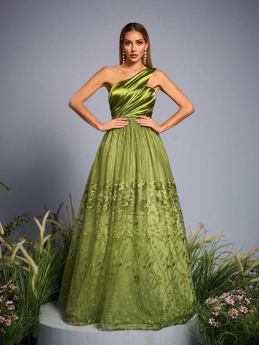 Mgiacy，新品上市，不对称单肩，缎面，褶饰对比刺绣蕾丝，优雅礼服，宾客礼服，适合舞会婚礼的长礼服 - 綠色 - 查看 1