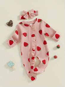 Conjunto de mono con volantes y estampado de fresas para niñas pequeñas, de manga larga y bonita diadema - Rosa - Ver 4