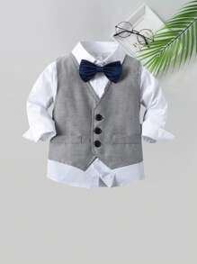 3 件套男婴绅士服装套装：白色长袖衬衫配领结 + 灰色背心和裤子，适合生日派对、婚礼、洗礼、1 岁生日 - 灰色 - 查看 7