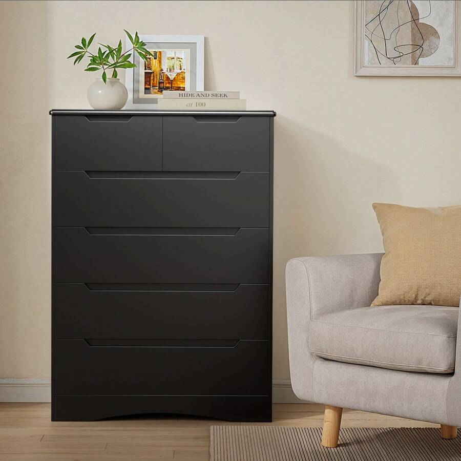 6 Drawer Dresser, Vanity De Maquillaje  With Large Storage  Furniture , Dresser For Bedroom With Embedded Handle, Tall Dresser And Organizer With Anti-Tripping, Wooden Dresser Cabinet For Office, Living Room, Entryway, Room Decor, Black, Christmas - 黑色 - 查看 1