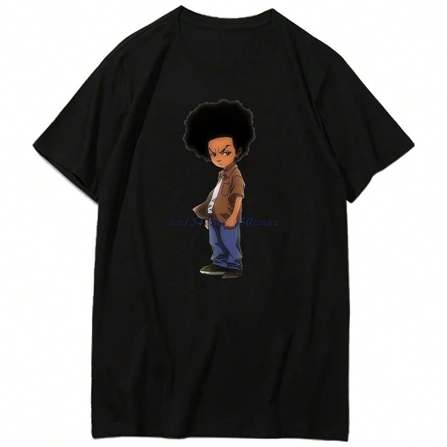 Boondocks Rapper Huey Freeman Fashion Graphic T Shirts Summer New Shirts And T-Shirts Cotton Short Sve T-Shirts Mens Clothes - Black - View 1