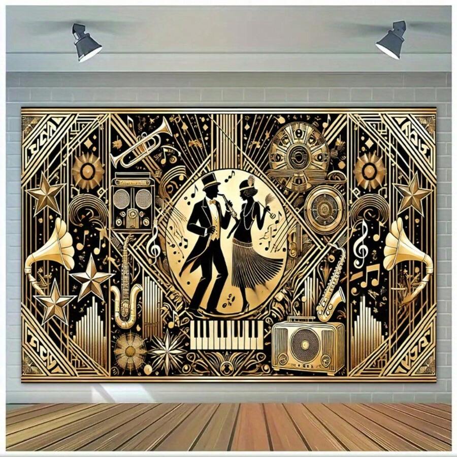 Tapiserie de perete din poliester 2D1, inspirată din anii '20 - Design elegant cu motive muzicale și cuplu dansator, perfectă pentru dormitor, living, decor de cămin - Ușoară și ușor de agățat, ideală pentru studiouri fotografice, evenimente în aer liber, sărbători festive, nu necesită alimentare, decor vintage